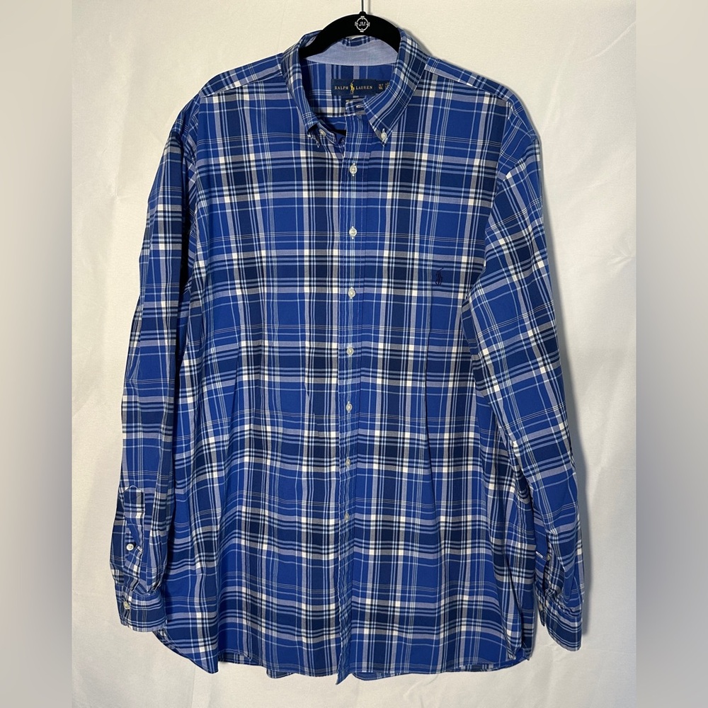 Ralph Lauren Polo 100%‎ Cotton Stretch XLT Long Sleeve Blue White Plaid Shirt